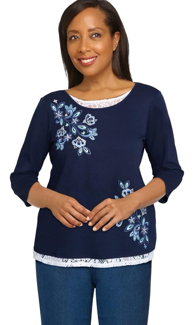 Alfred Dunner Women XL Blue Embroidered Flowers 3/4 Sleeve Lace Trim Silver Stud